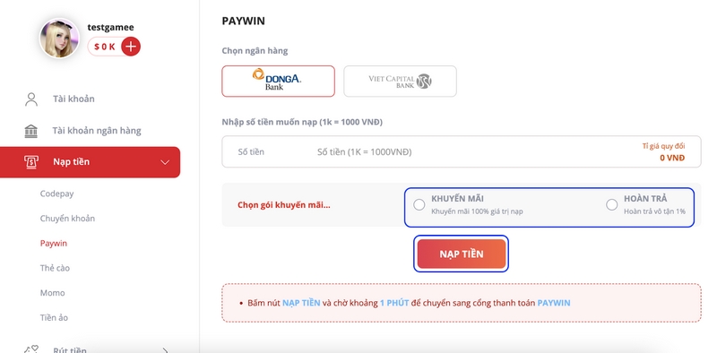 Nạp Tiền Bằng Paywin
