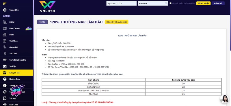 Khuyến Mãi Vnloto 120% Nạp Lần Đầu Dành Cho Mọi Khách Chơi`